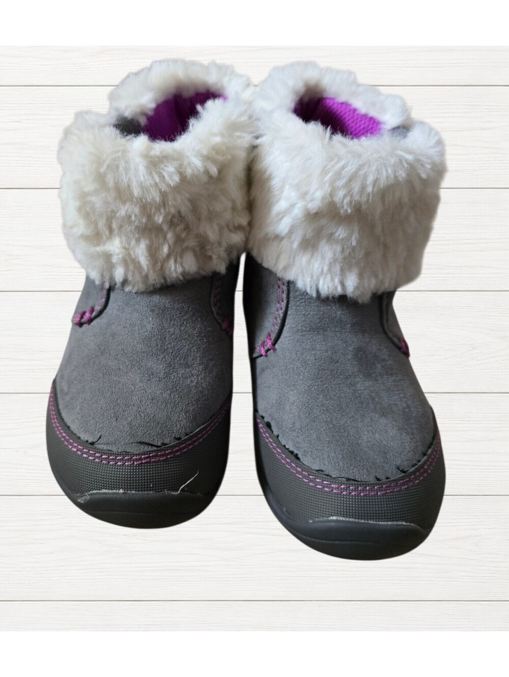 Surprize Stride Rite Delrae Girls Boots Size 7 Gray Purple Faux Fur Zip